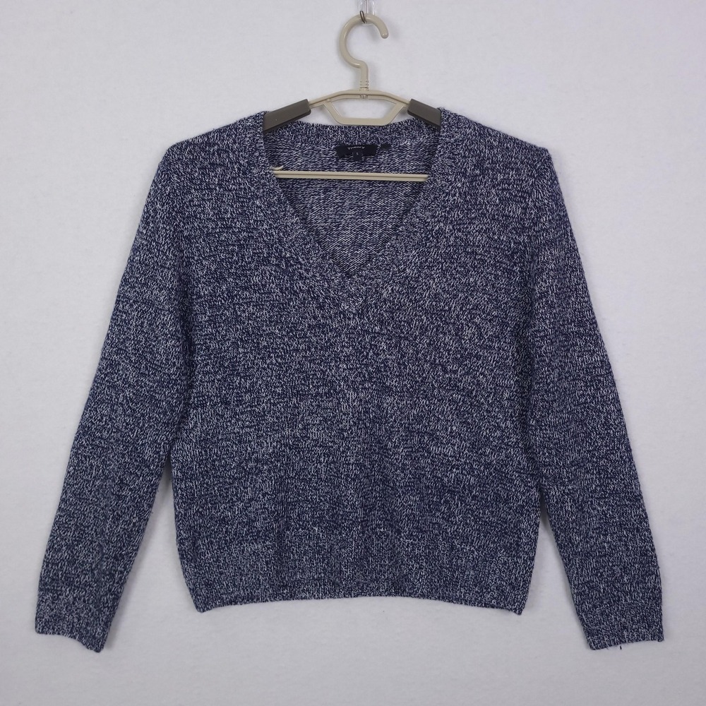 Theory Sweater Womens Wool Blend Blue White Marled V Neck Knit Pullover